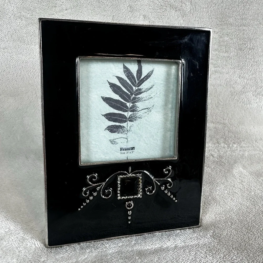 Decorative Black Glass Photo Frame Silver Small  Scroll Accent 3x3